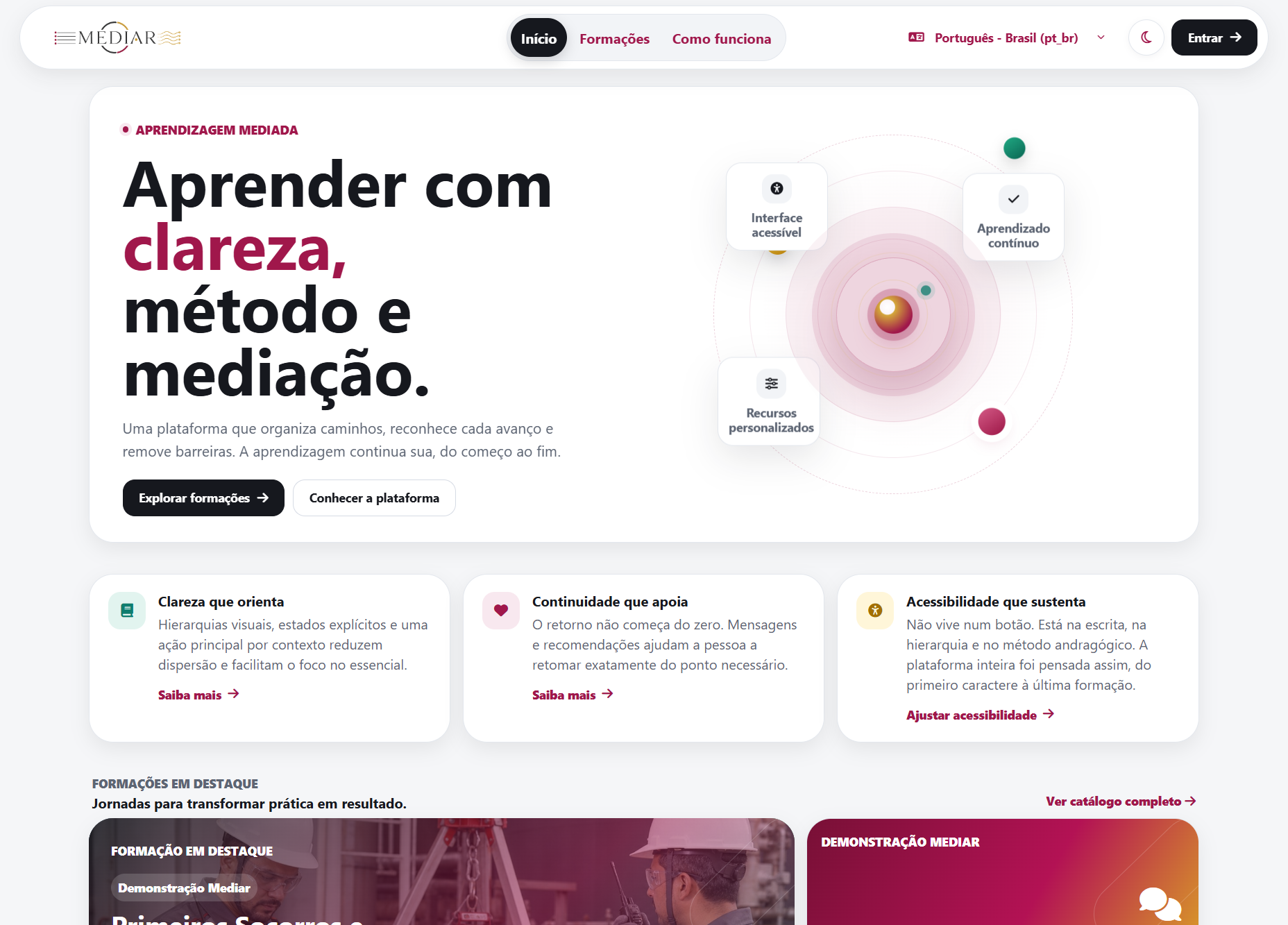 Página inicial do Portal Mediar com apresentação da aprendizagem mediada, formações e recursos personalizados